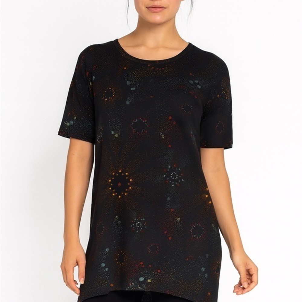 LuLaRoe Irma Tunic Top XXS Black Multi Color Dot Starburst High Low Short Sleeve
